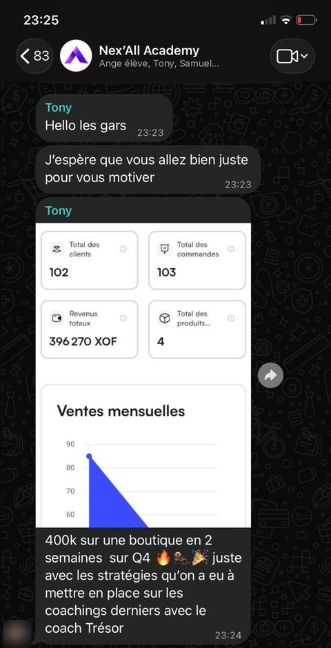 Message d'un élève dans le groupe privé de la formation : 396 270 XOF en 2 semaines sur une boutique