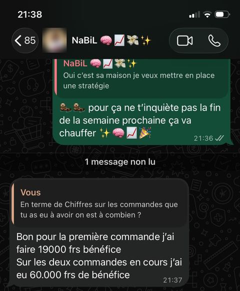 Message d'un élève : 19 000 FCFA de bénéfice sur sa première commande, 60 000 FCFA sur les deux suivantes
